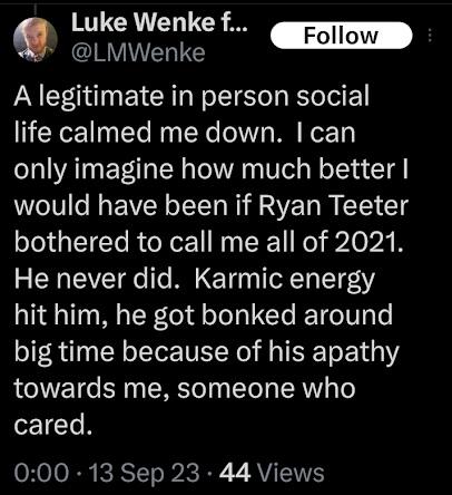 luke wenke blames stalking victim ryan teeter for his untreated mental health issues x/twitter screenshot september 2023