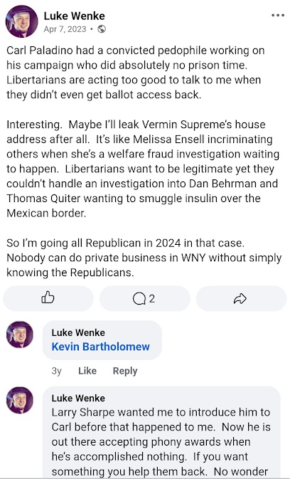 screenshot of an x/twitter post luke wenke accuses wny businessman carl paladino of hiring a pedophile april 2023