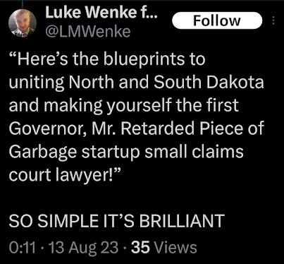 screenshot of an august 2023 luke wenke x/twitter post targeting original cyberstalking victim minnesota attorney
