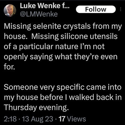 screenshot of an august 2023 luke wenke x/twitter pots accusing stalking victims of home breakin and burglary