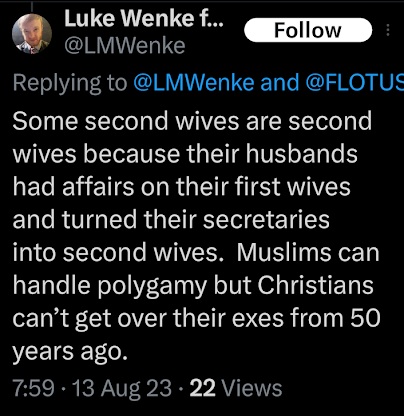 luke wenke bashes christianity for disapproving of polygamy x/twitter screenshot august 2023