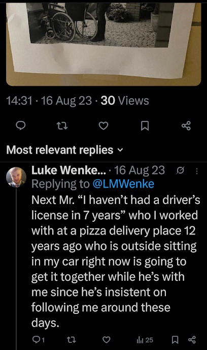 luke wenke brags about finding a job as a medical transport driver x/twitter screenshot august 2023