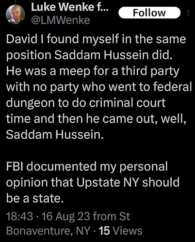 screenshot of an august 2023 luke wenke x/twitter post likening himself to saddam hussein