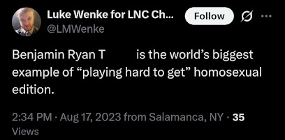 x/twitter screenshot of luke wenke accusing stalking victim ryan teeter of playing hard to get august 2023