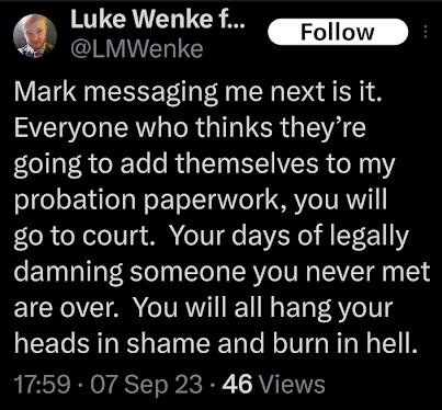 luke wenke vows to ensure his victims burn in hell x/twitter screenshot september 2023