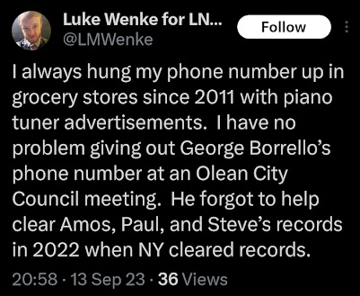 x/twitter screenshot of luke wenke threatening to dox ny senator george borrello for not clearing criminal records september 2023
