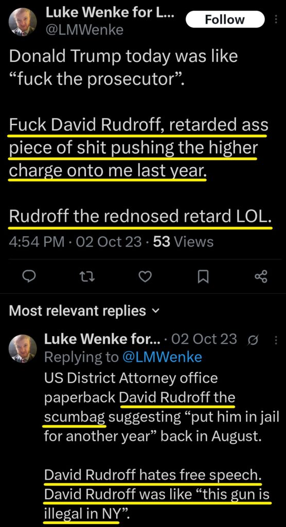 luke wenke x twitter screenshot us attorney david rudroff obsession 2023