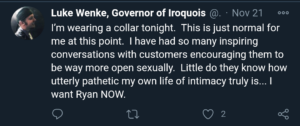 screenshot of a 2020 luke wenke x/twitter post stating that he wears bdsm gear while driving for uber