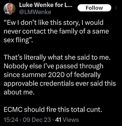 luke wenke is mad because ecmc employee won't contact stalking victim ryan teeter's family x/twitter screenshot december 2023