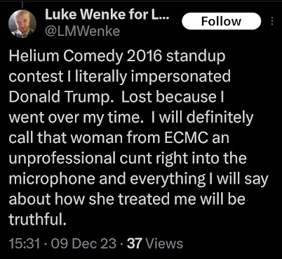 luke wenke calls ecmc social worker a cunt because she refused to help him stalk ryan teeter x/twitter screenshot december 2023