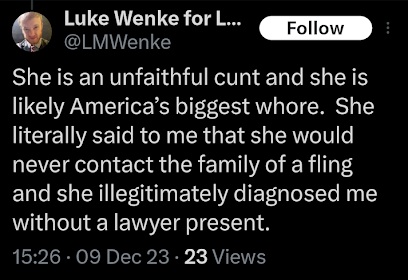 luke wenke calls social worker a cunt for refusing to contact his stalking victim's family x/twitter screenshot december 2023