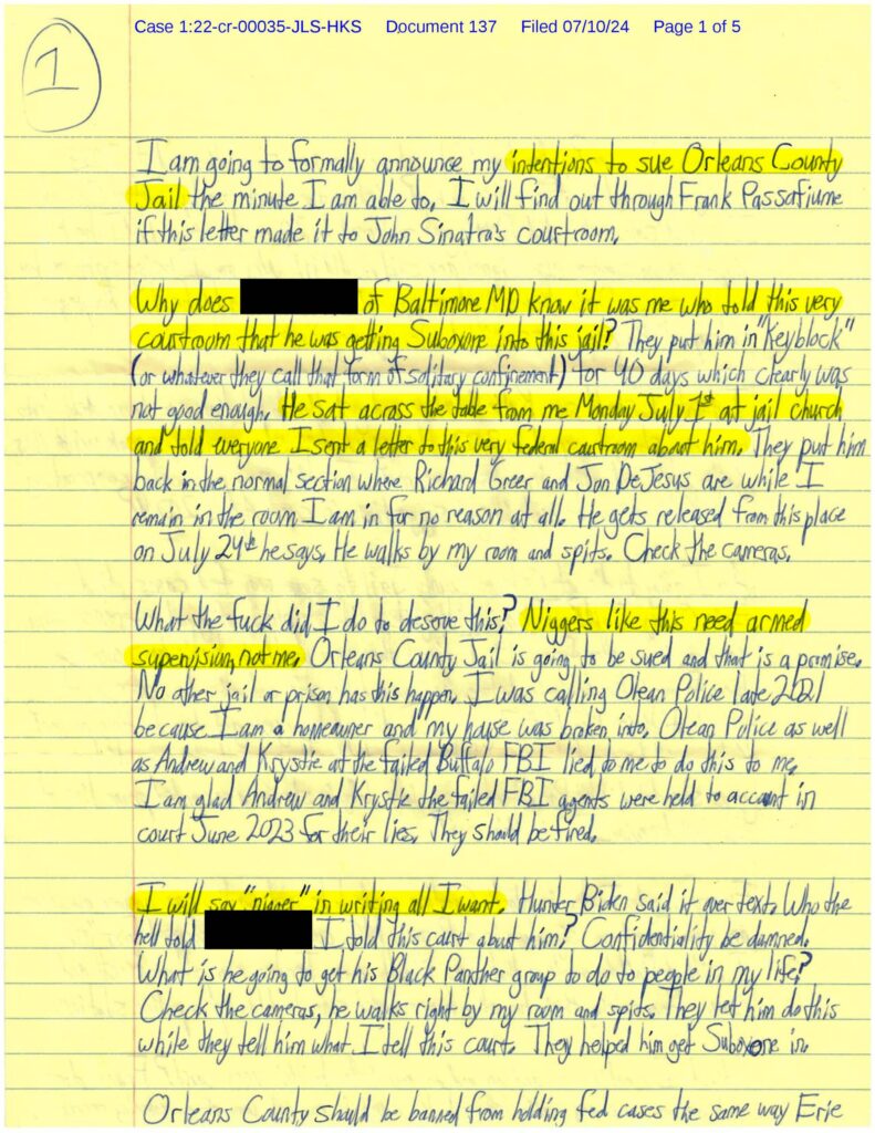 A racist letter from Luke Wenke tot the Honorable John L. Sinatra, Jr.; 07/10/2024.