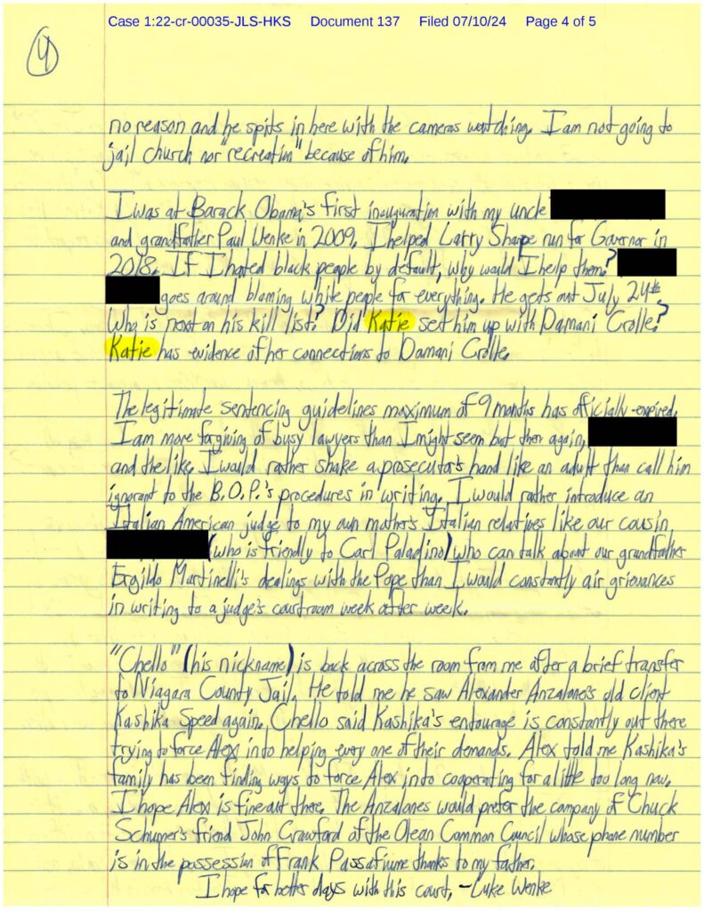 A racist letter from Luke Wenke tot the Honorable John L. Sinatra, Jr.; 07/10/2024.