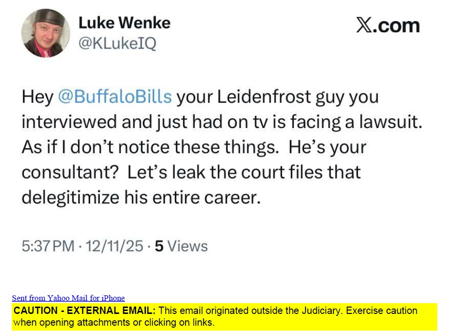 screenshot of a luke wenke x/twitter post calling dr. corey leidenfrost a quack