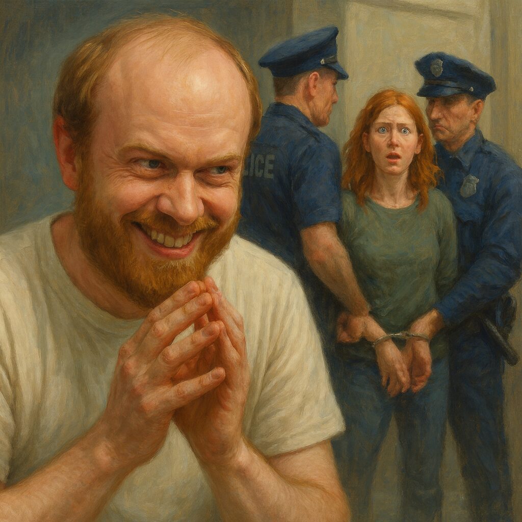 painterly image of a generic balding white man rubbing hands together and smiling diabolically while an upset redheaded woman is arrested in the background
