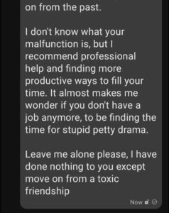 victims response to a harassing text message from cyberstalker luke wenke from the spring of 2021