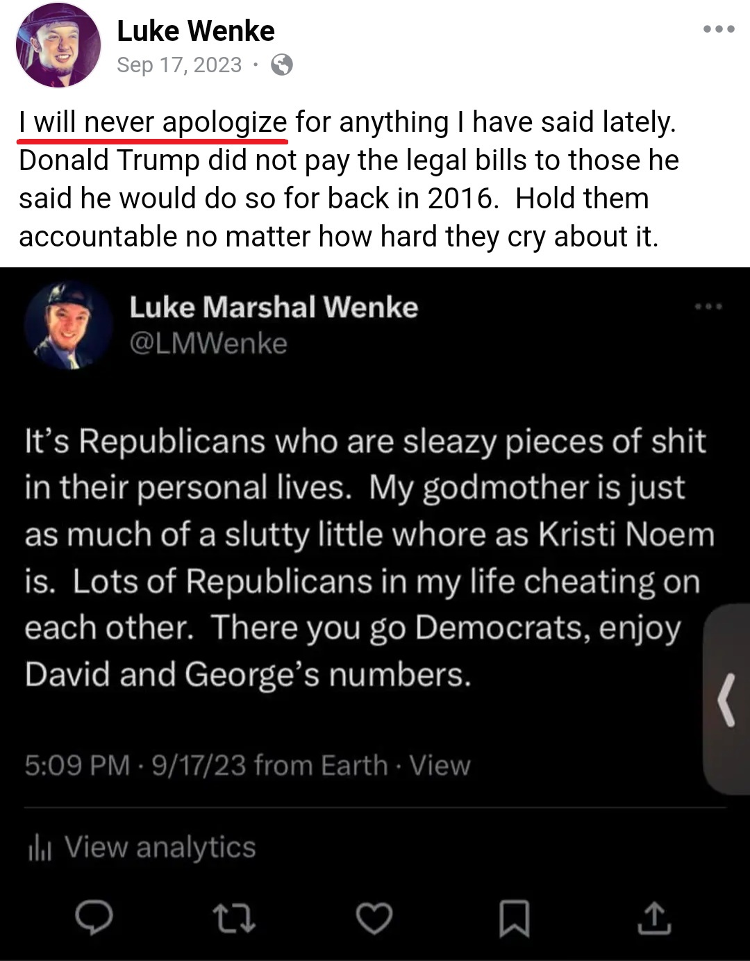 facebook screenshot owed demands luke wenke blame