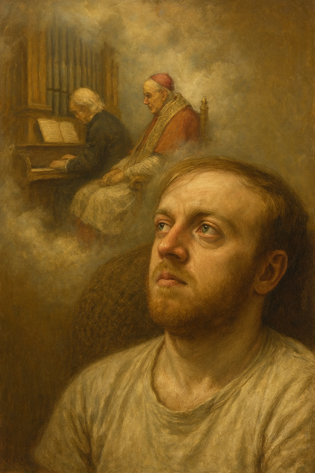 not luke wenke balding ugly white man white t-shirt daydreaming old man playing organ pope