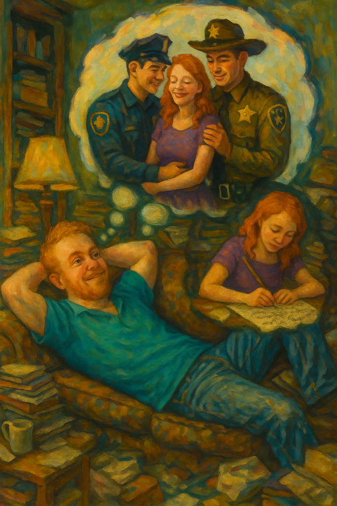 not luke wenke white man laying on sofa hoarded house fantasy mfm threesome redhead and cops