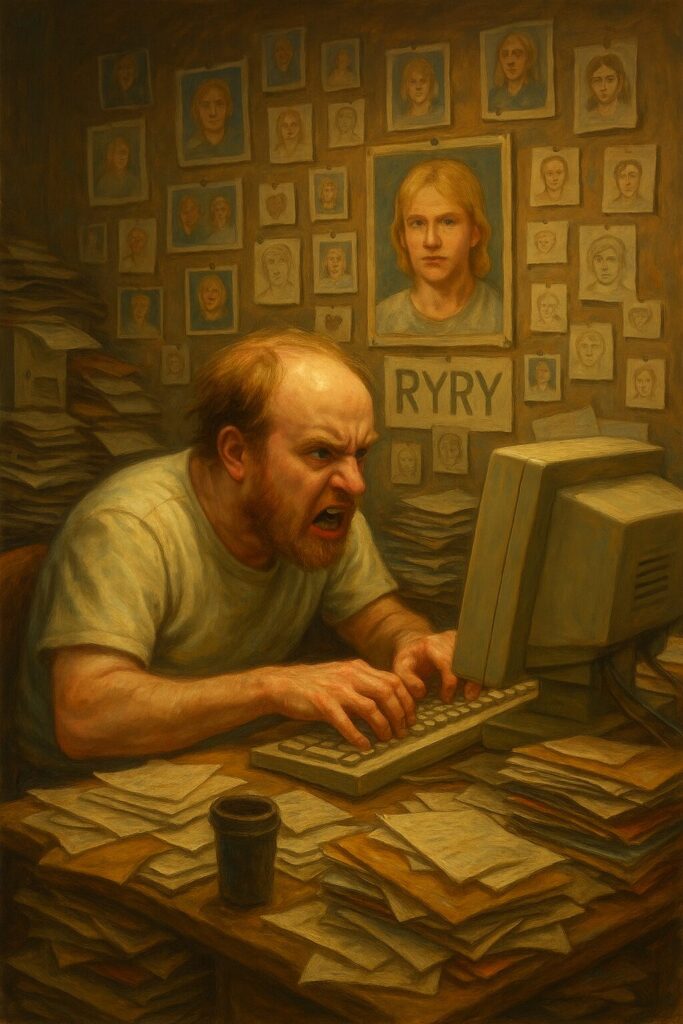 a balding white 30-something male stalker angrily looking at a computer screen in a hoarded home office with a shrine to his victim on the wall