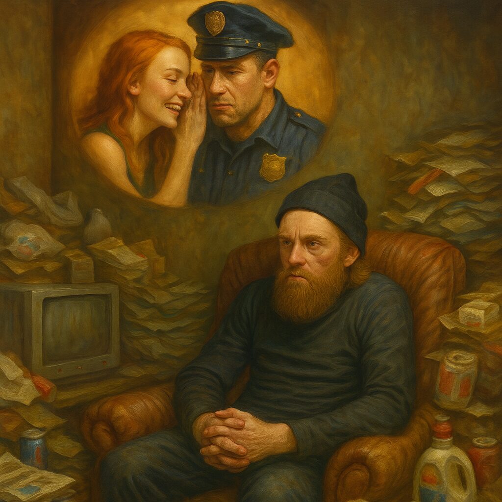 not luke wenke bearded man hoard living room fantasy redheaded woman cop affair love