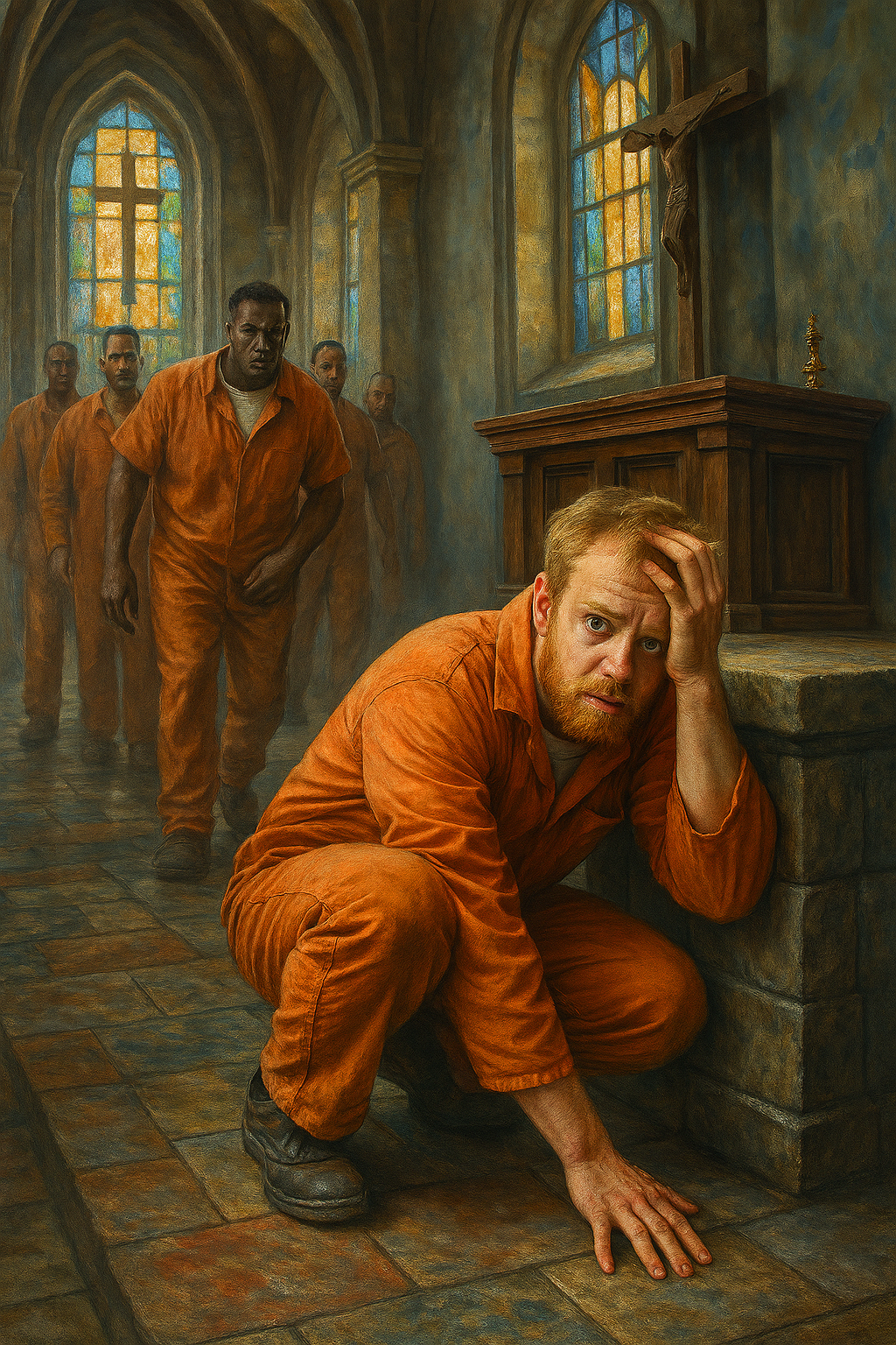 not luke wenke prisoner being chased orange jumpsuit jail prison chapel inmates
