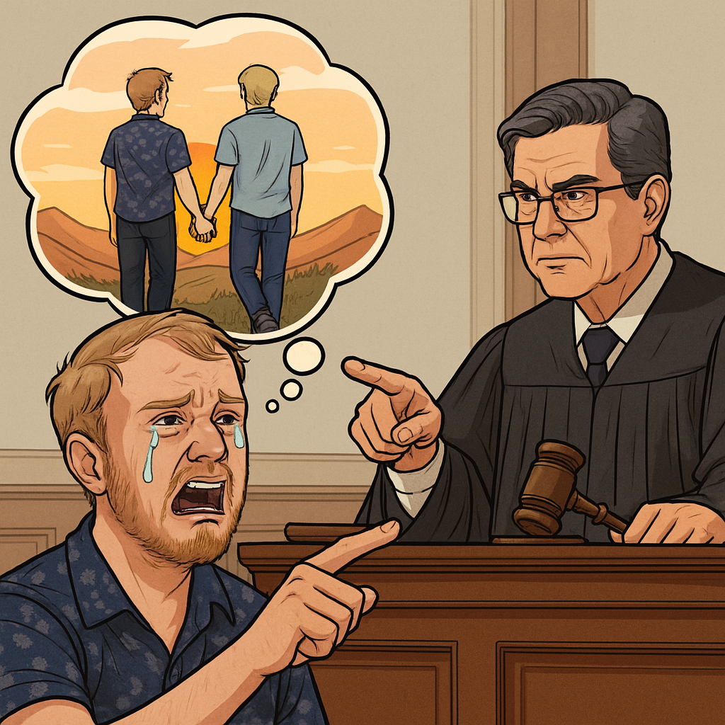 a cartoon-like depiction of a sobbing adult white male defendant pointing at a visibly annoyed judge in an accusatory fashion