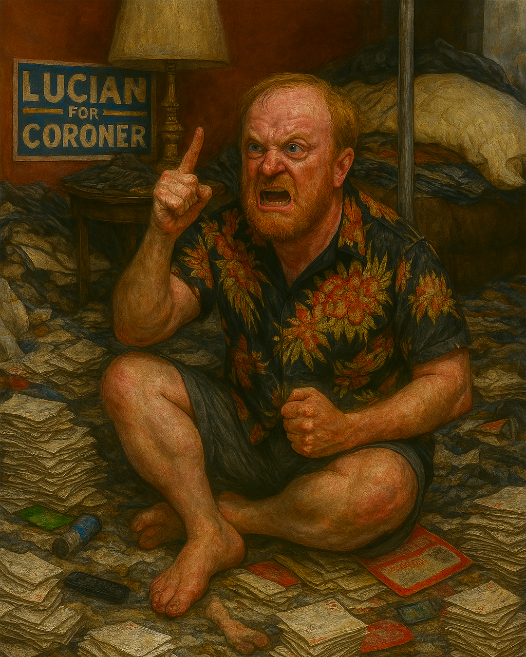 not luke wenke cross-legged hoarded living room sitting on floor surrounded by junk and letters angry white man