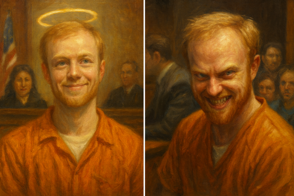 not luke wenke angel v devil white man defendant inmate orange jumpsuit courtroom smiling diabolical