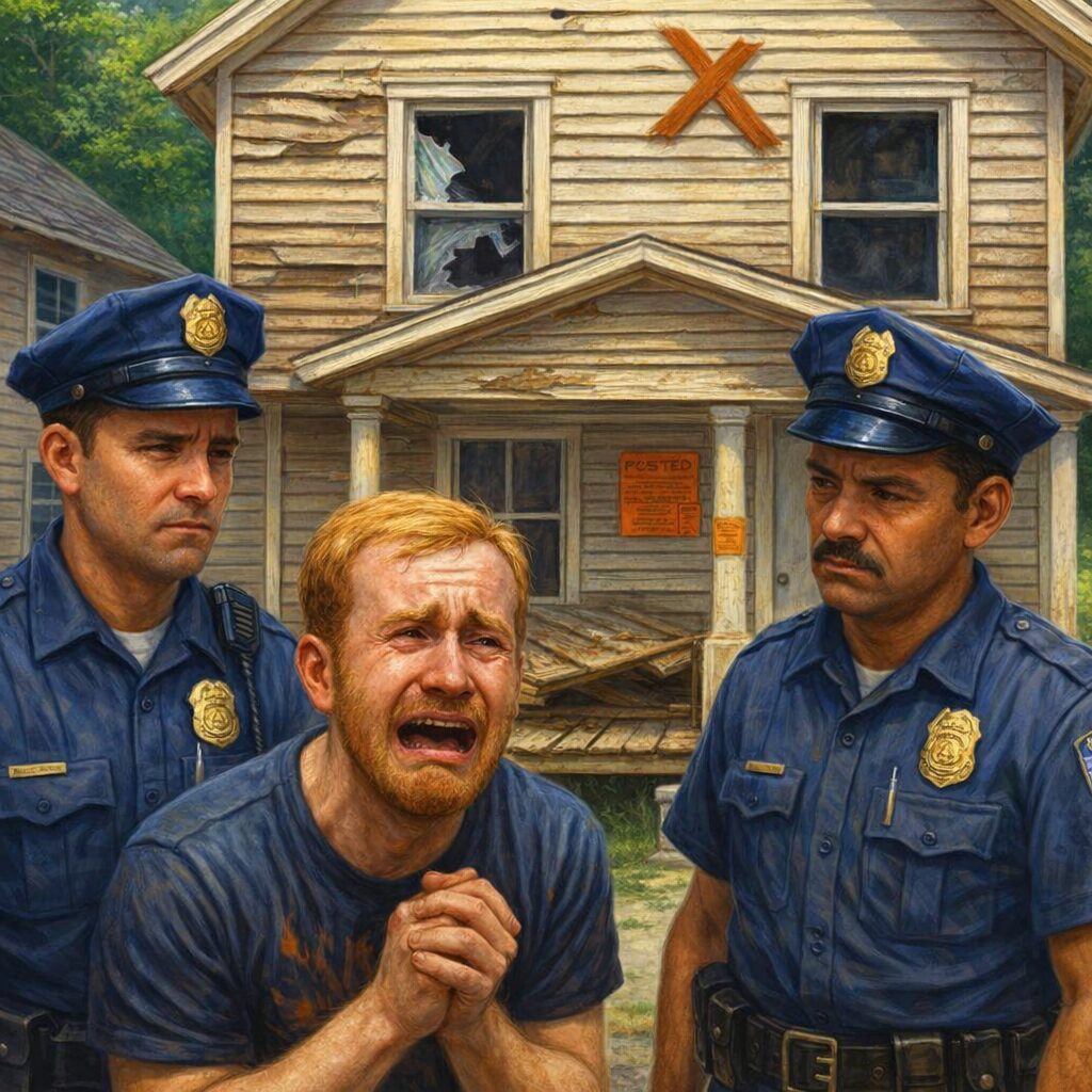 painterly image of a generic 30-something white man crying in the presence of two police officers in front of a condemned house