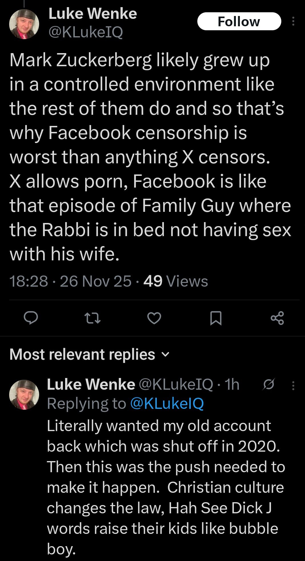 screenshot of an antisemitic november 2025 Luke Wenke x/twitter post targeting mark zuckerberg