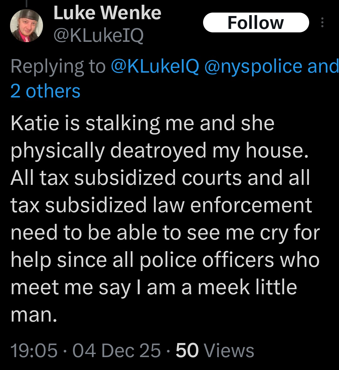 luke wenke falsely accuses stalking victim katie of stalking and destroying his house x/twitter screenshot december 2025