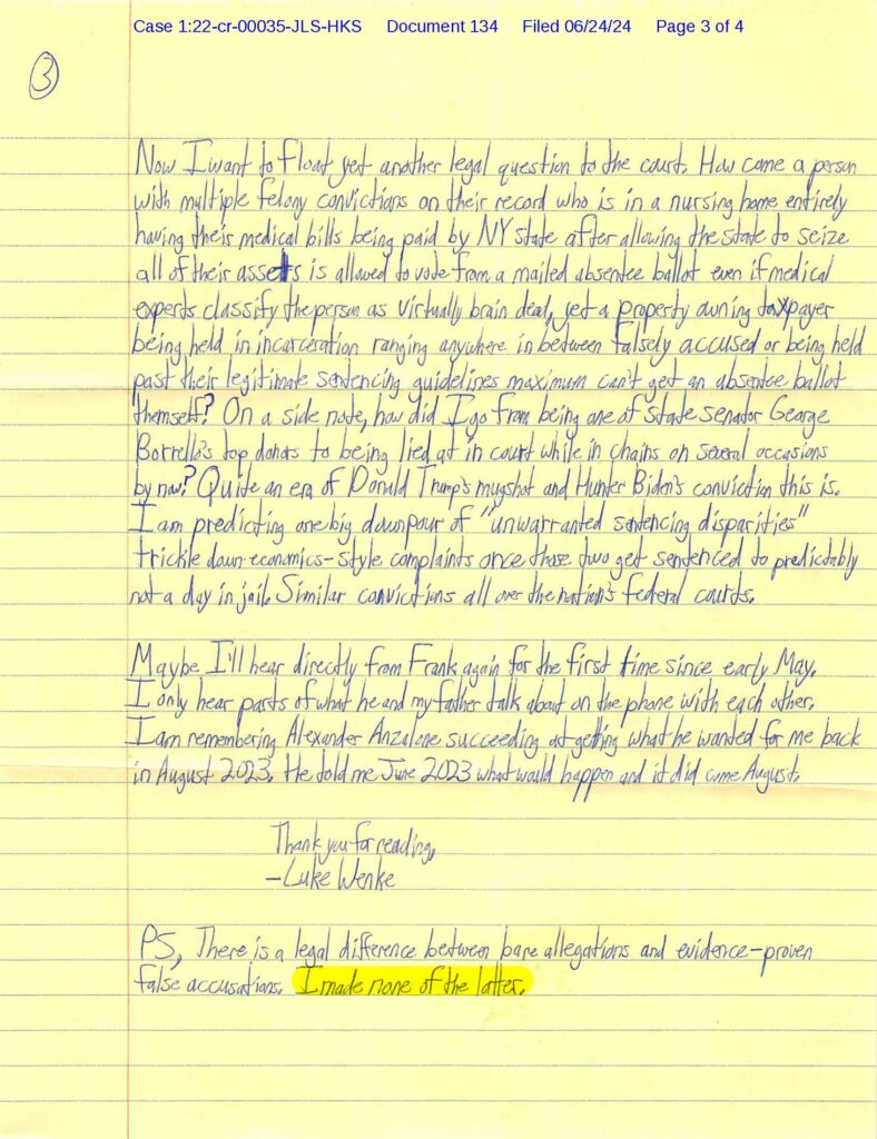 letter from luke wenke to the honorable John L. Sinatra, Jr. June 2024