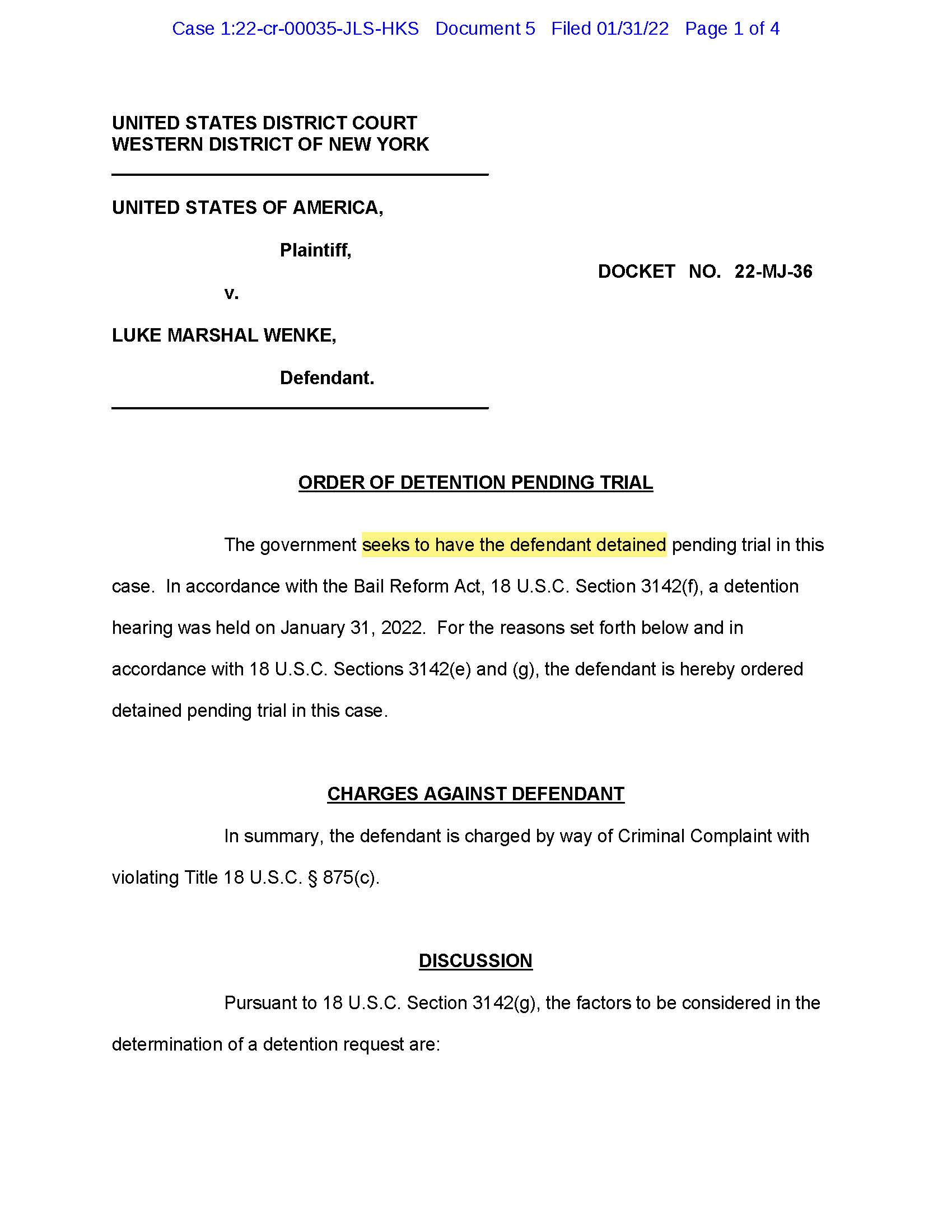 usa v. luke wenke - order of detention - january 2022