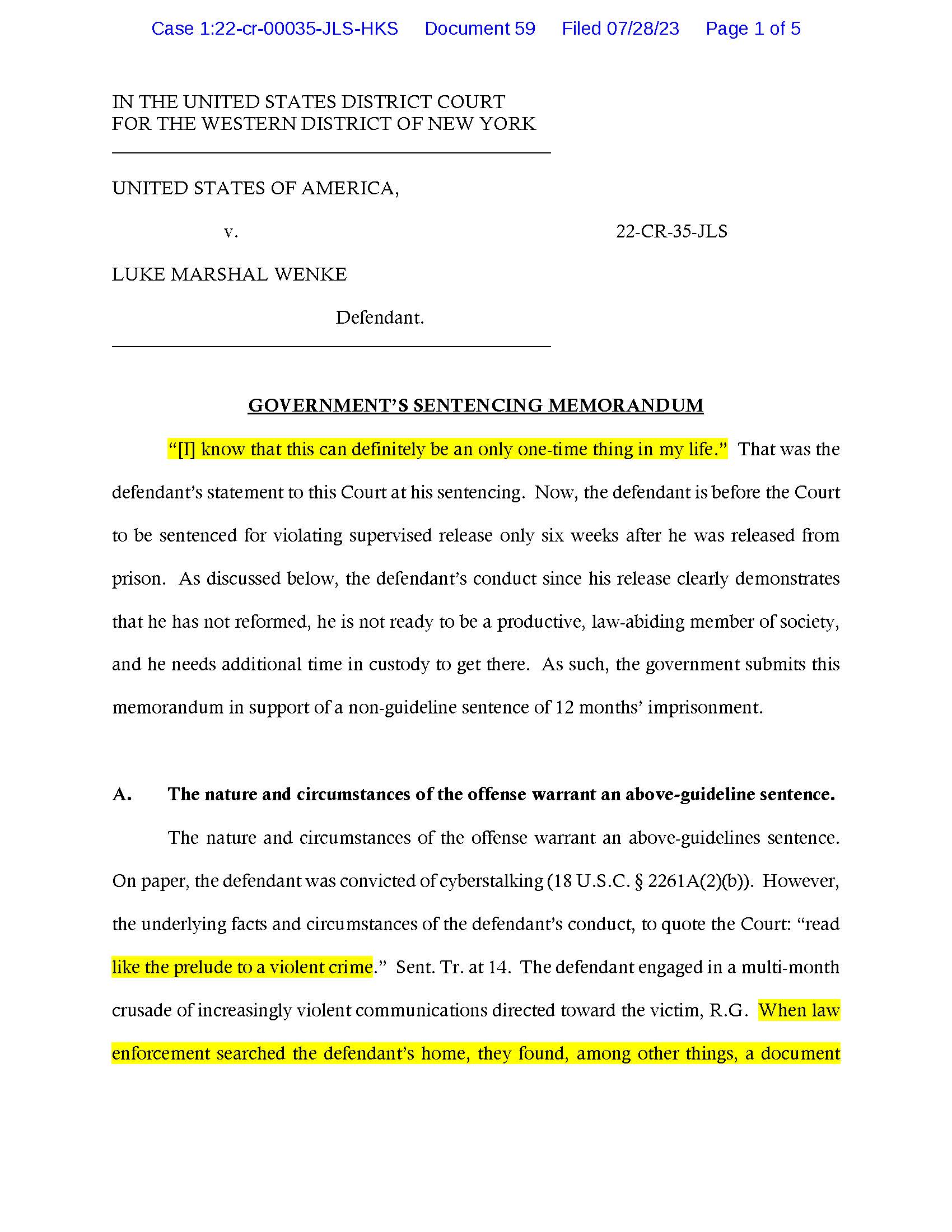 usa v. luke wenke sentencing memorandum for violating probation by contacting victim 07-28-2023