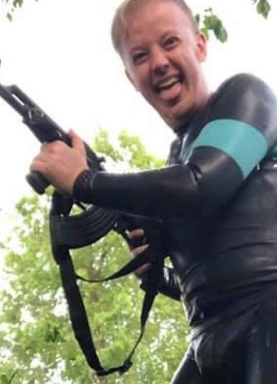 luke wenke stalker gun latex gimp suit bdsm