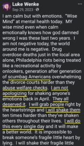 luke wenke calls americans scumbags and welfare abusers on facebook september 2023