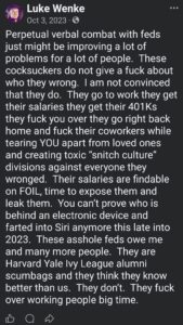 luke wenke calls federal agents "cocksuckers" and blames them for his problems on facebook october 2023