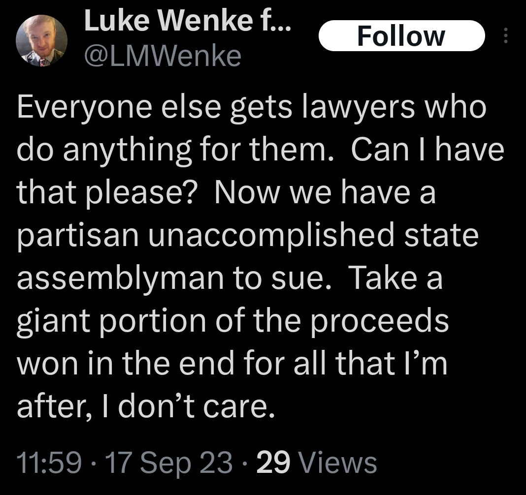 luke wenke x twitter screenshots threats to sue ny assemblyman david dipietro 2023