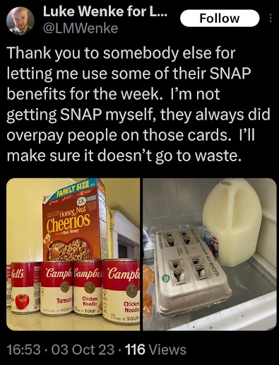 screenshot of a luke wenke x/twitter post about how he used someone else's food stamps fraudulently