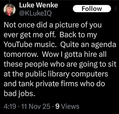 screenshot of a november 2025 luke wenke x/twitter post expressing sexual frustrations