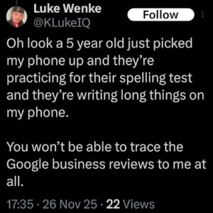 luke wenke blames harassment of stalking victims on children stealing his phone november 2025