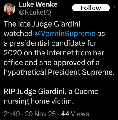 screenshot of a november 2025 luke wenke x/twitter post bragging about his dead grandma and insulting vermin supreme