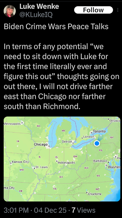 screenshot of a december 2025 luke wenke x/twitter post demanding an sit-down meeting with his stalking victims