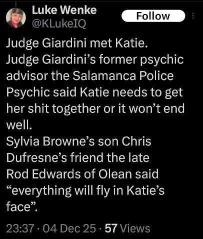 screenshot of a december 2025 luke wenke x/twitter post about how stalking victim katie met his late grandmother carolyn giardini