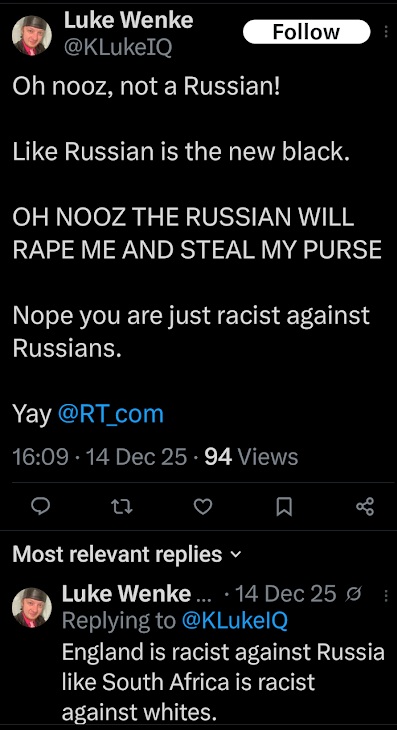 screenshot of a decemberr 2025 luke wenke x/twitter post about rape and russia