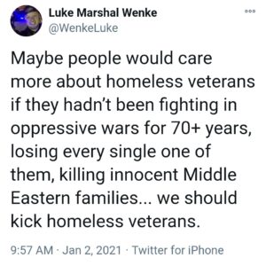screenshot of a 2021 luke wenke tweet wishing violence against homeless veterans