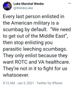 a january 2021 x/twitter post by luke wenke calling us military members scumbags