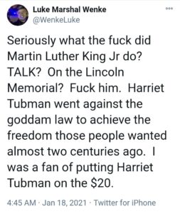 screenshot of a 2021 luke wenke racist tweet about martin luther king jr.