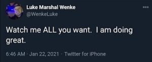 screenshot of a january 2021 luke wenke x/twitter post bragging about his life going well